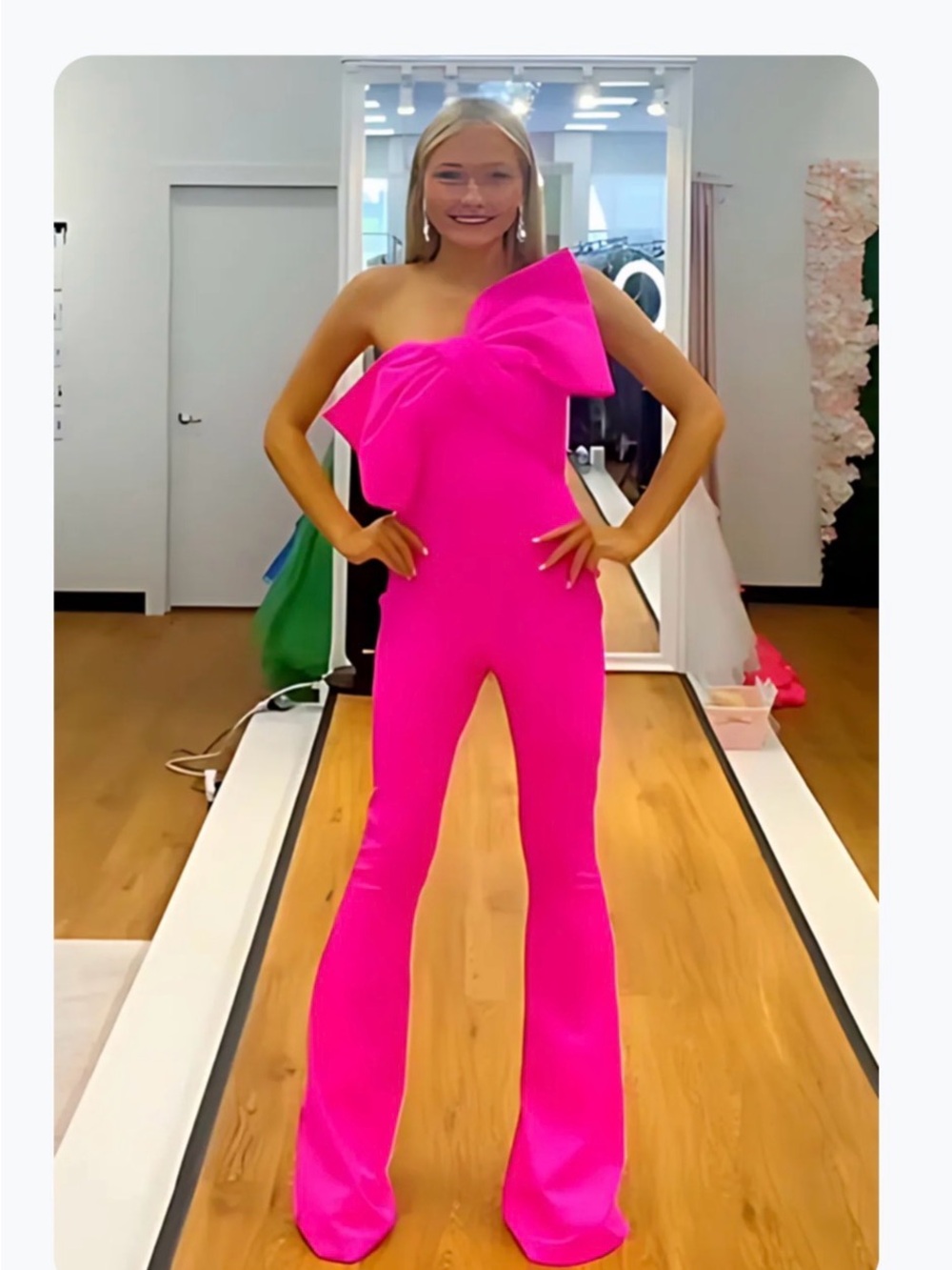 One-Shoulder Hot Pink Bow Jumpsuit. Size 6.